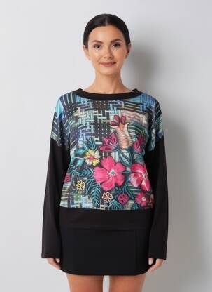 Top imprimeu fantezie mâneci lungi negru CHRISTINE DE LA RUE femeie