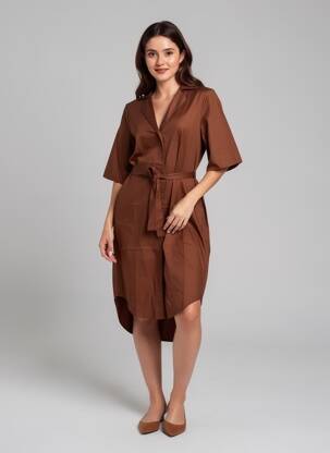 Rochie midi mâneci 3/4 mâneci 3/4 maro JS MILLENIUM femeie