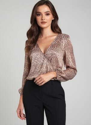 Top guler în v mâneci lungi bej PEACE N'LOVE femeie