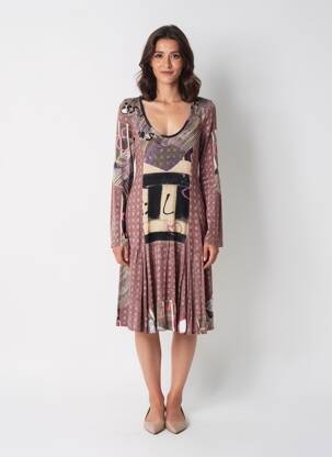 Rochie midi imprimeu fantezie mâneci lungi maro CARLOPIK femeie