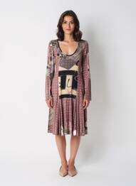 Rochie midi imprimeu fantezie mâneci lungi maro CARLOPIK femeie