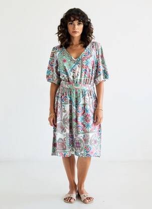 Rochie midi imprimeu floral mâneci scurte verde C'EST BEAU LA VIE femeie