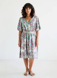 Rochie midi imprimeu floral mâneci scurte verde C'EST BEAU LA VIE femeie