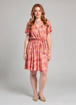 Rochie midi imprimeu floral mâneci scurte portocaliu C'EST BEAU LA VIE femeie