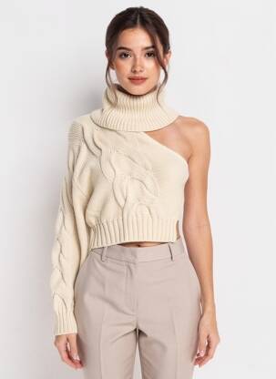 Pulover cu guler înalt tricot împletit mâneci lungi bej H&M femeie