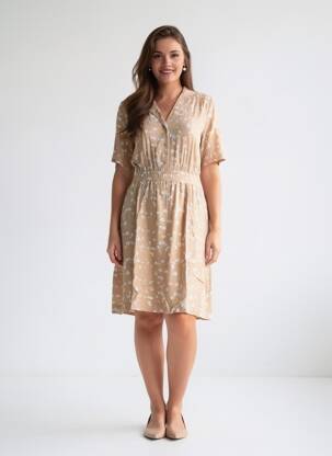 Rochie midi imprimeu fantezie mâneci scurte bej ICHI femeie