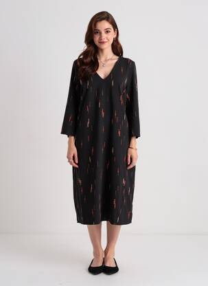 Rochie midi imprimeu fantezie mâneci lungi negru ICHI femeie
