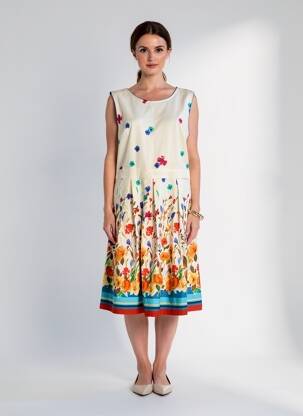 Rochie midi imprimeu fantezie fără mâneci bej LE PETIT BAIGNEUR femeie