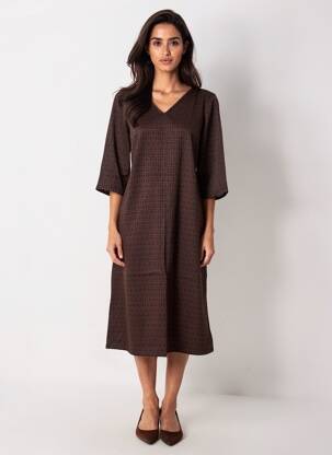 Rochie lungă imprimeu fantezie mâneci 3/4 maro COUTURIST femeie