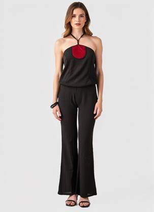 Salopetă-pantalon țesătură crep fără mâneci negru BELAIR femeie