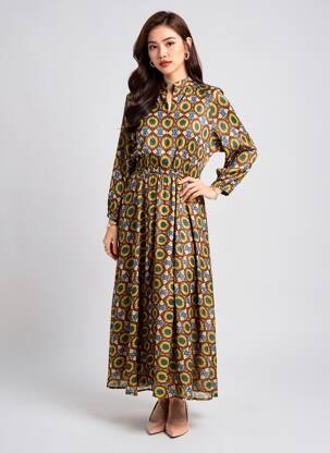 Rochie lungă imprimeu fantezie mâneci lungi verde DIXIE femeie