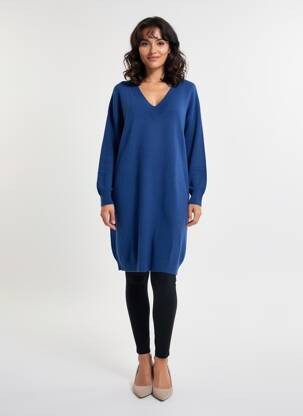 Rochie pulover guler în v mâneci lungi albastru BLANC BOHEME femme