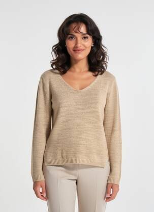 Pulover plasă decupată mâneci lungi maro BLANC BOHEME femeie