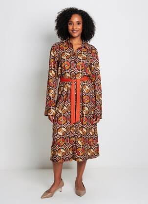 Rochie midi imprimeu fantezie mâneci lungi portocaliu SWEET MISS femeie