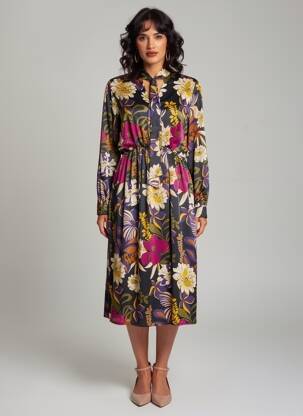 Rochie midi imprimeu floral mâneci lungi negru EUFORIA femeie