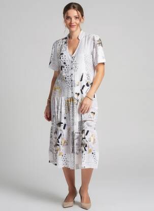 Rochie midi imprimeu fantezie mâneci scurte alb DOLCEZZA femeie