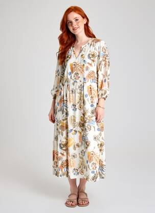 Rochie midi imprimeu floral mâneci 3/4 bej JOY OF LIFE femeie