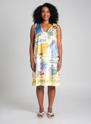 Rochie midi imprimeu fantezie fără mâneci galben OUI femme