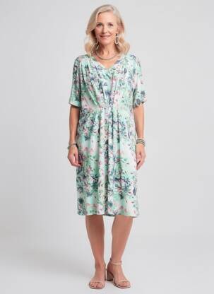 Rochie midi imprimeu floral mâneci scurte verde JOY OF LIFE femeie