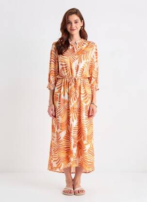 Rochie lungă imprimeu fantezie mâneci 3/4 portocalie SOYACONCEPT femeie