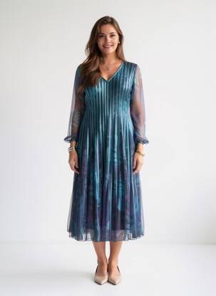Rochie midi mâneci 3/4 mâneci 3/4 verde PROMULIAS femeie