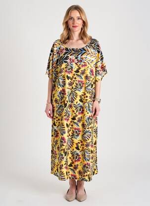 Rochie lungă imprimeu fantezie mâneci scurte galben MARINA RINALDI femeie