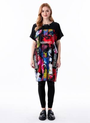 Rochie midi imprimeu fantezie mâneci scurte negru JOSEPH RIBKOFF femeie