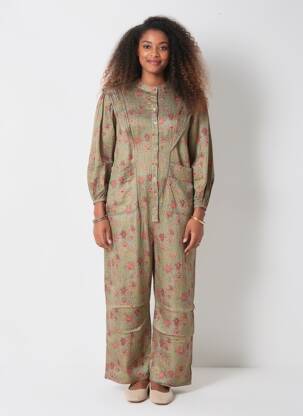 Salopetă-pantalon închidere cu nasturi pe față mâneci lungi verde CHERUBINA femeie