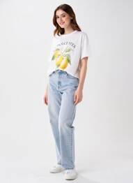Tricou serigrafie flockată mâneci scurte alb CIAO MILANO femeie
