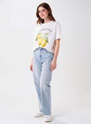 Tricou serigrafie flockată mâneci scurte alb CIAO MILANO femme