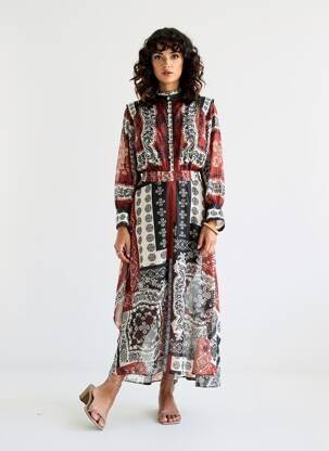 Rochie lungă imprimeu fantezie mâneci lungi maro LESLIE femeie