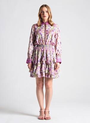Rochie midi imprimeu fantezie mâneci lungi violet LESLIE femeie