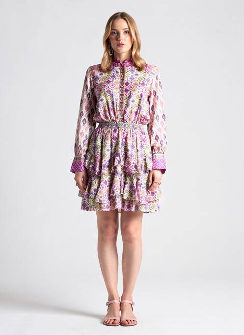 Rochie midi imprimeu fantezie mâneci lungi violet LESLIE femme