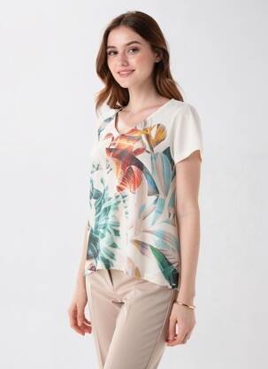 Tricou imprimeu fantezie mâneci scurte bej LA FEE MARABOUTEE femme