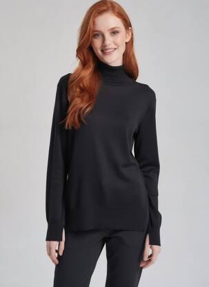 Pulover cu guler înalt țesătură moale și aerisită mâneci lungi negru KAFFE femeie
