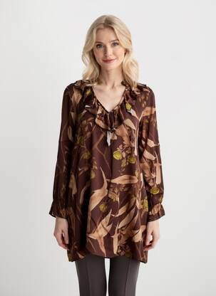 Rochie midi imprimeu fantezie mâneci lungi maro LUMA femeie