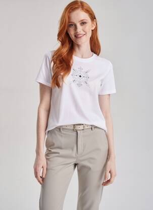 Tricou serigrafie cu strasuri mâneci scurte alb GEVANA femme