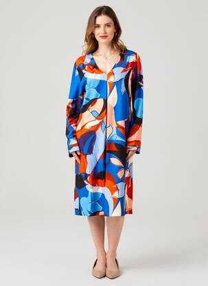 Rochie midi imprimeu fantezie mâneci lungi albastru GEVANA femeie