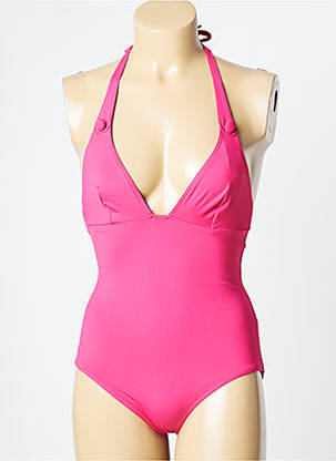 Costum de baie dintr-o singură piesă efect material satinat top triunghiuri roz HUIT femeie