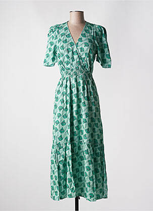 Rochie lungă imprimeu fantezie mâneci scurte verde ANGE femeie