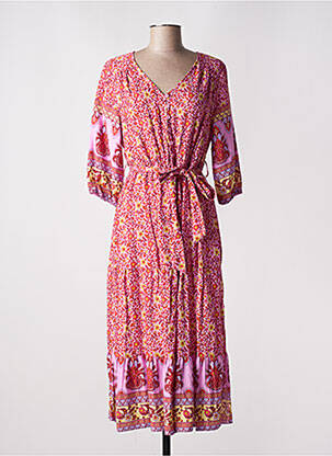 Rochie lungă imprimeu floral mâneci 3/4 roz NARA femeie