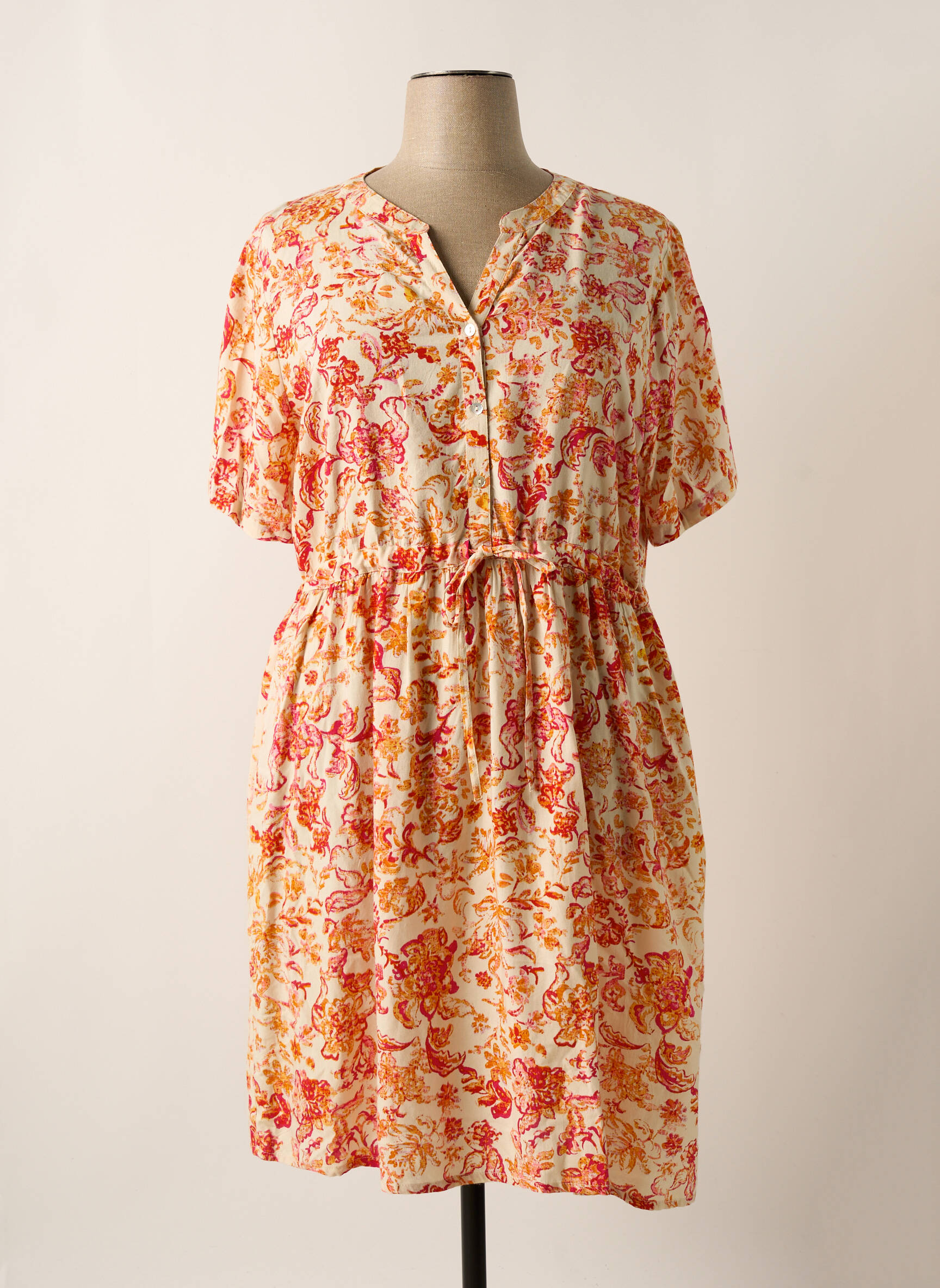 Rochie midi imprimeu floral mâneci scurte bej CREAM femeie
