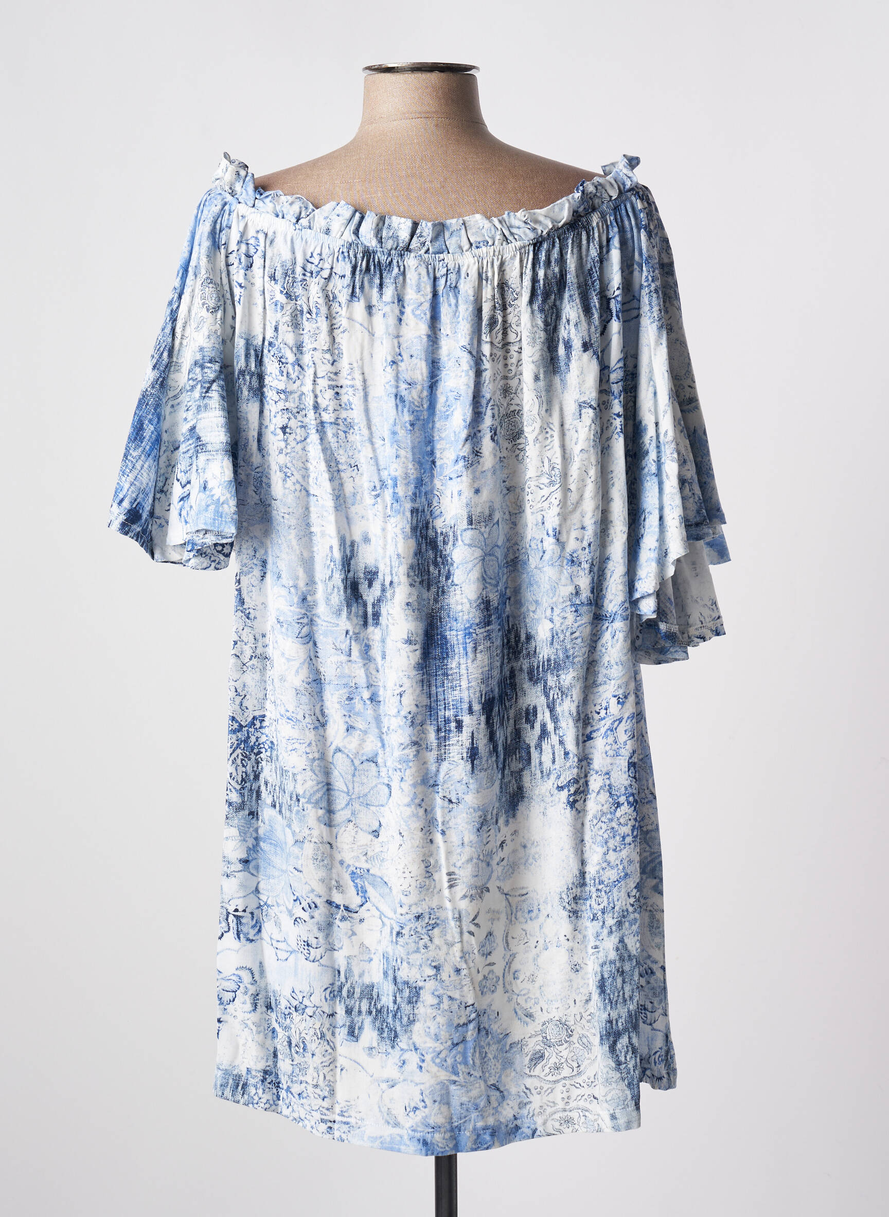 Rochie scurtă croială evazată mâneci scurte albastru TENDANCE UNIQUE femeie