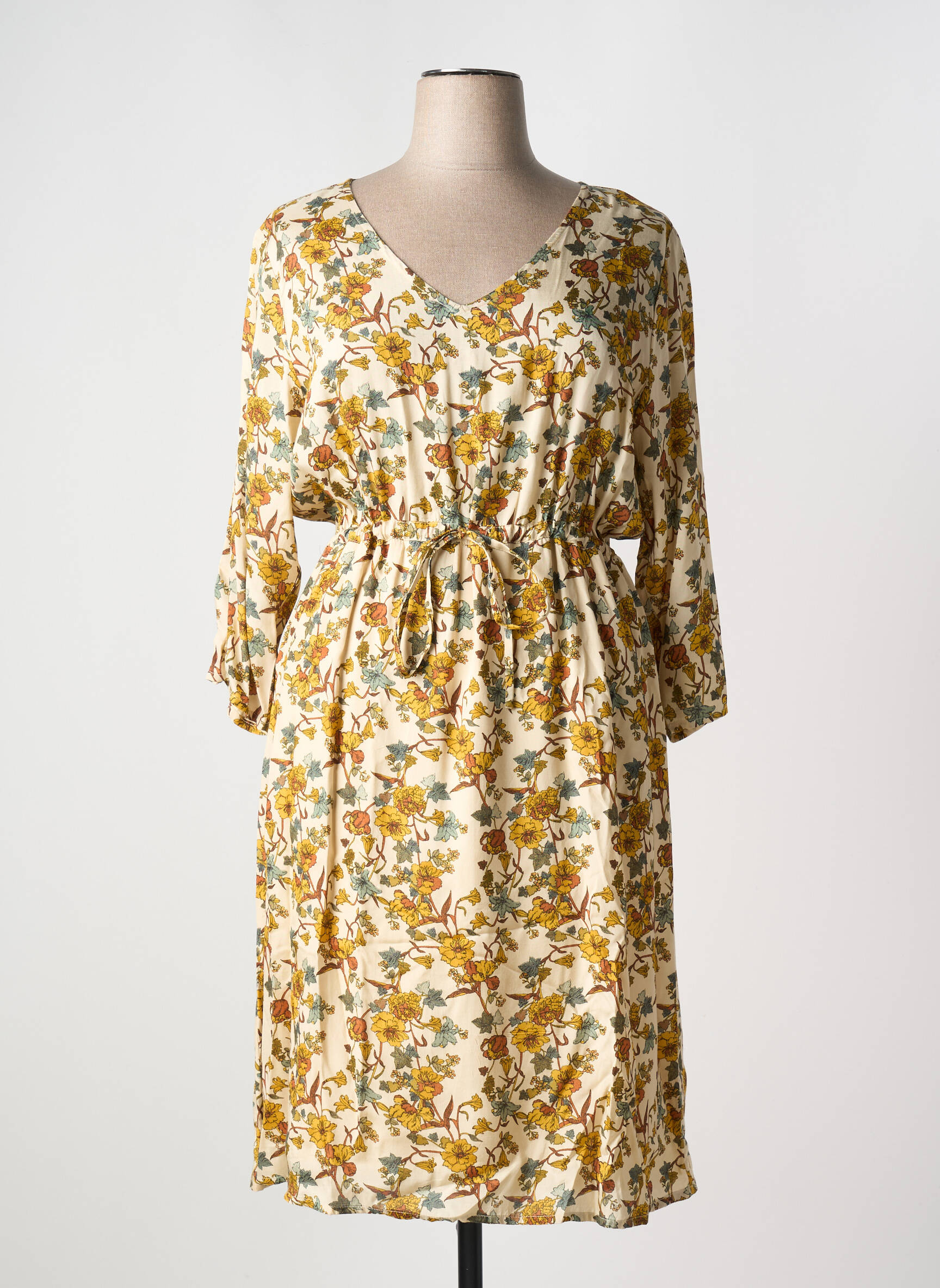 Rochie midi imprimeu floral mâneci 3/4 bej CREAM femeie