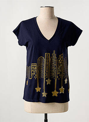 Tricou serigrafie cu strasuri mâneci scurte albastru LEO & UGO femeie