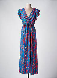 Rochie lungă imprimeu fantezie mâneci scurte albastru BY ONE femme