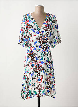 Rochie midi imprimeu fantezie mâneci scurte alb C'EST BEAU LA VIE femeie
