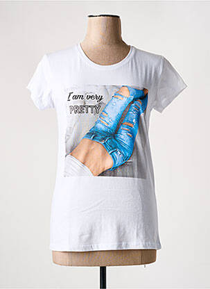 Tricou serigrafie cu strasuri mâneci scurte alb ANGELO BLU femeie