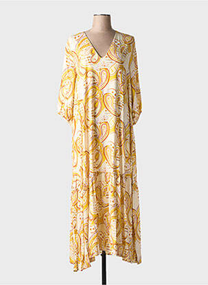 Rochie lungă croială evazată mâneci 3/4 galben LA REINE TRICOTE femeie