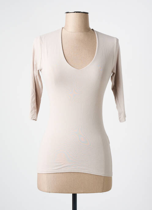 Tricou guler în v mâneci scurte bej RENDEZ-VOUS femme